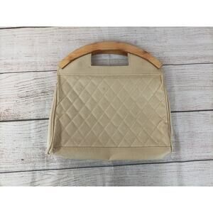 Vintage Tan Canvas Wooden Handle Clutch Purse